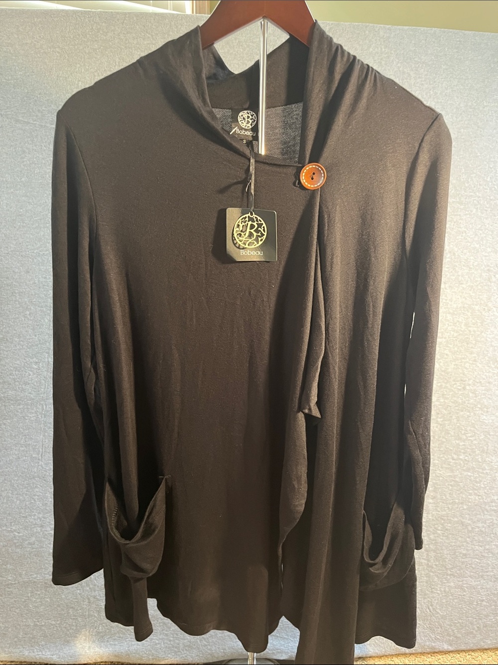 bobeau Black Draped Open Cardigan with Accent Button